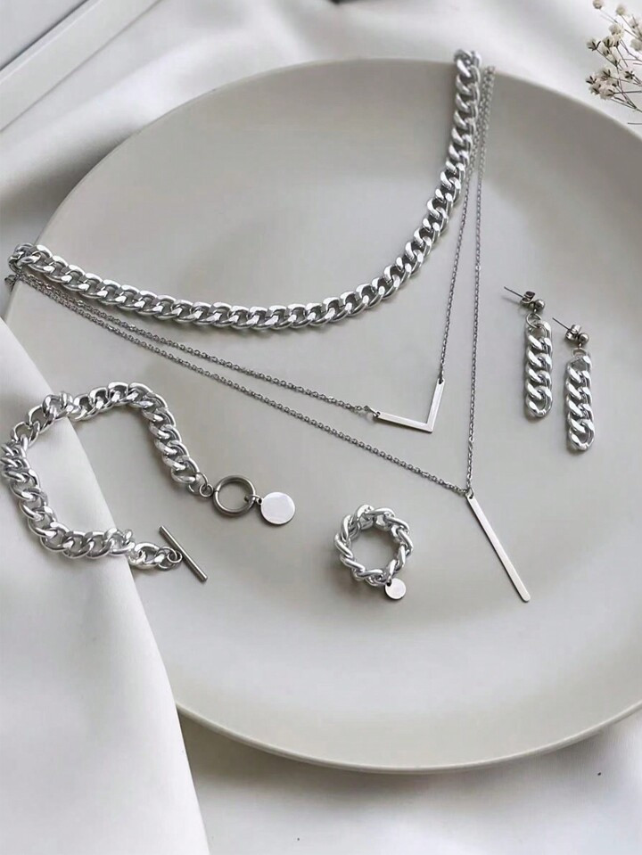 5pcs Simple Alloy Bracelet, Earring, Chain Necklace, Ring & Layered Necklace Set | SHEIN