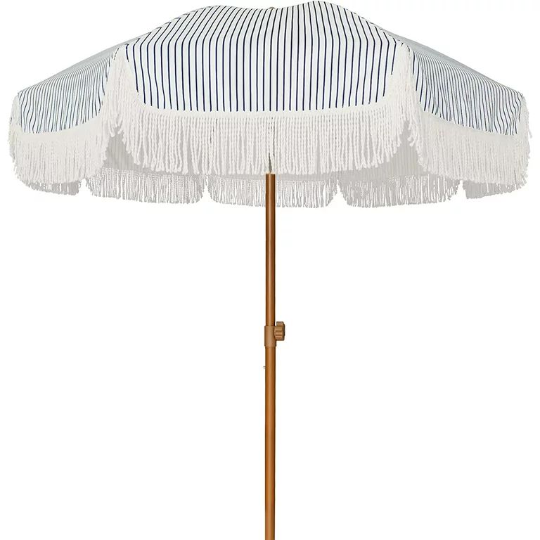 AMMSUN 7ft Patio Umbrella with Fringe Outdoor Tassel Umbrella UPF50+ Tilt Shelter,Navy Blue Strip... | Walmart (US)