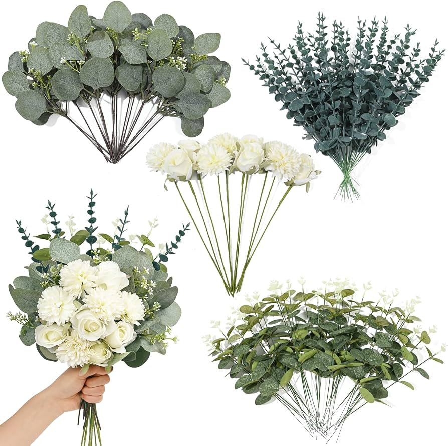 90 Pcs 5 Kinds Artificial Eucalyptus Stems and Faux Flowers, Mixed Fake Eucalyptus Stems Leaves B... | Amazon (US)