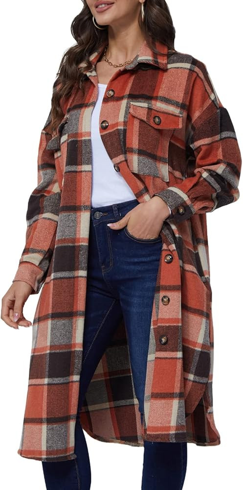 Xaspee Womens Long Plaid Shacket Jacket Casual Fashion Lapel Button Down Long Sleeve Long Plaid C... | Amazon (US)