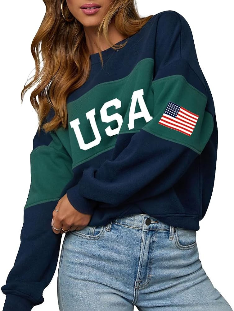 LEEDYA Women Oversized USA Sweatshirt Crewneck American Flag Sweater Long Sleeve 4th of july T sh... | Amazon (US)