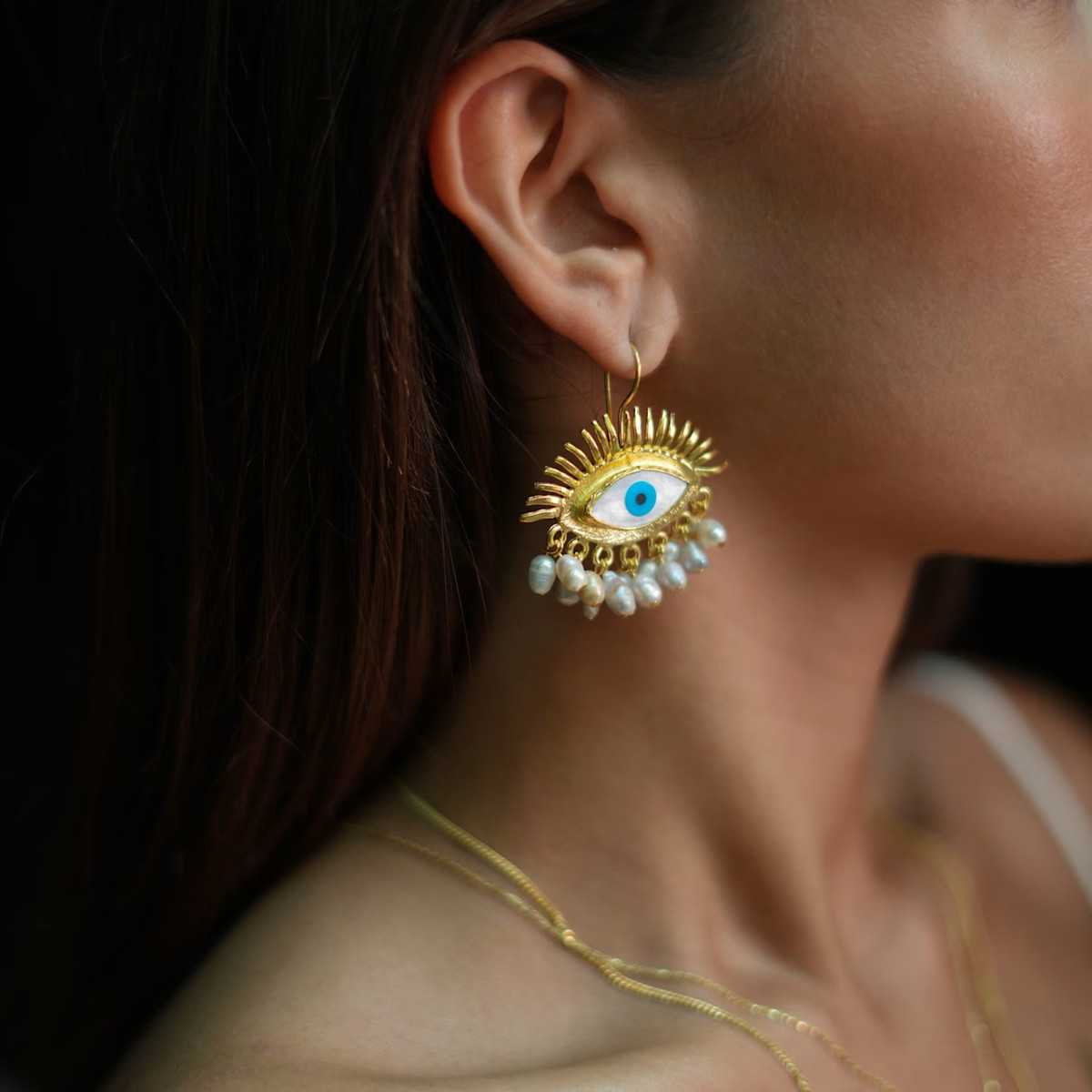 Eyes On You Gold & Pearl Chunky Evil Eye Earrings - Blue | Wolf & Badger