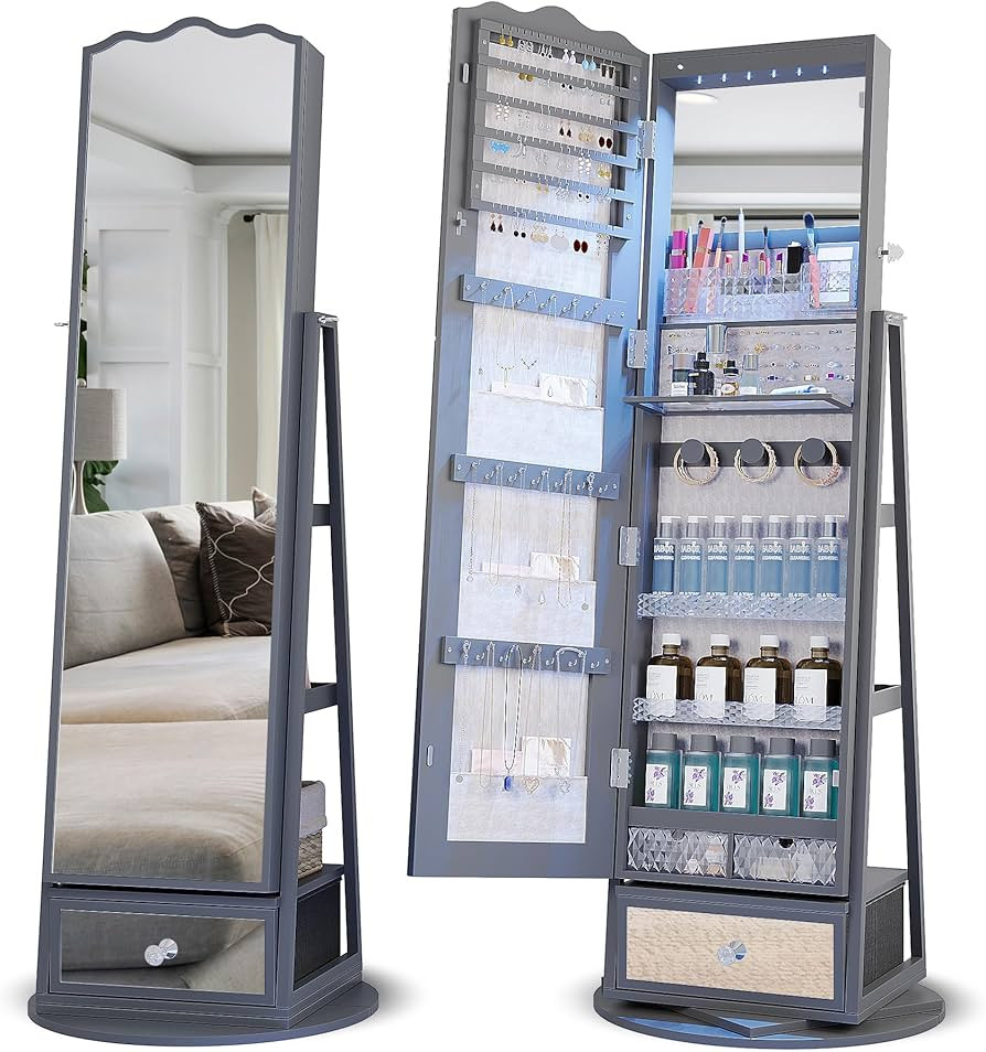 Lvifur 360° Rotating LED Jewelry Armoire, Full Length Mirror Large Capacity Jewelry Organizer Ar... | Amazon (US)