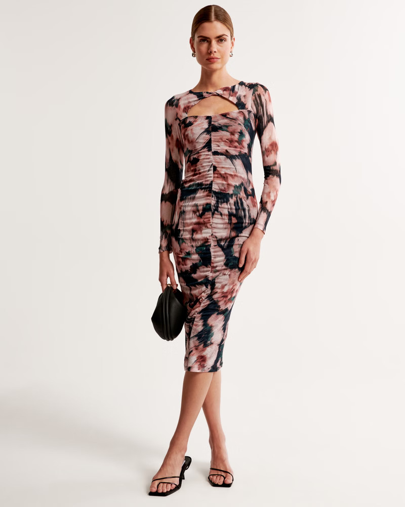 Long-Sleeve Mesh Ruched Dress | Abercrombie & Fitch (US)