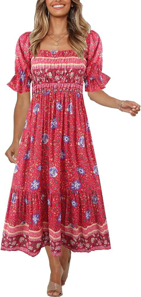 Women's Summer Bohemian Square Neck Floral Print Ruffle Vintage Flowy Beach Vacation Long Midi Bo... | Amazon (US)