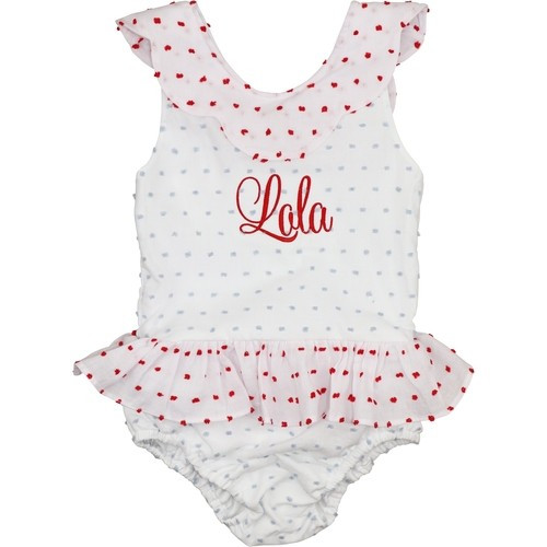 Red And Blue Swiss Dot Ruffle Swimsuit - Shipping Mid-June | Cecil and Lou