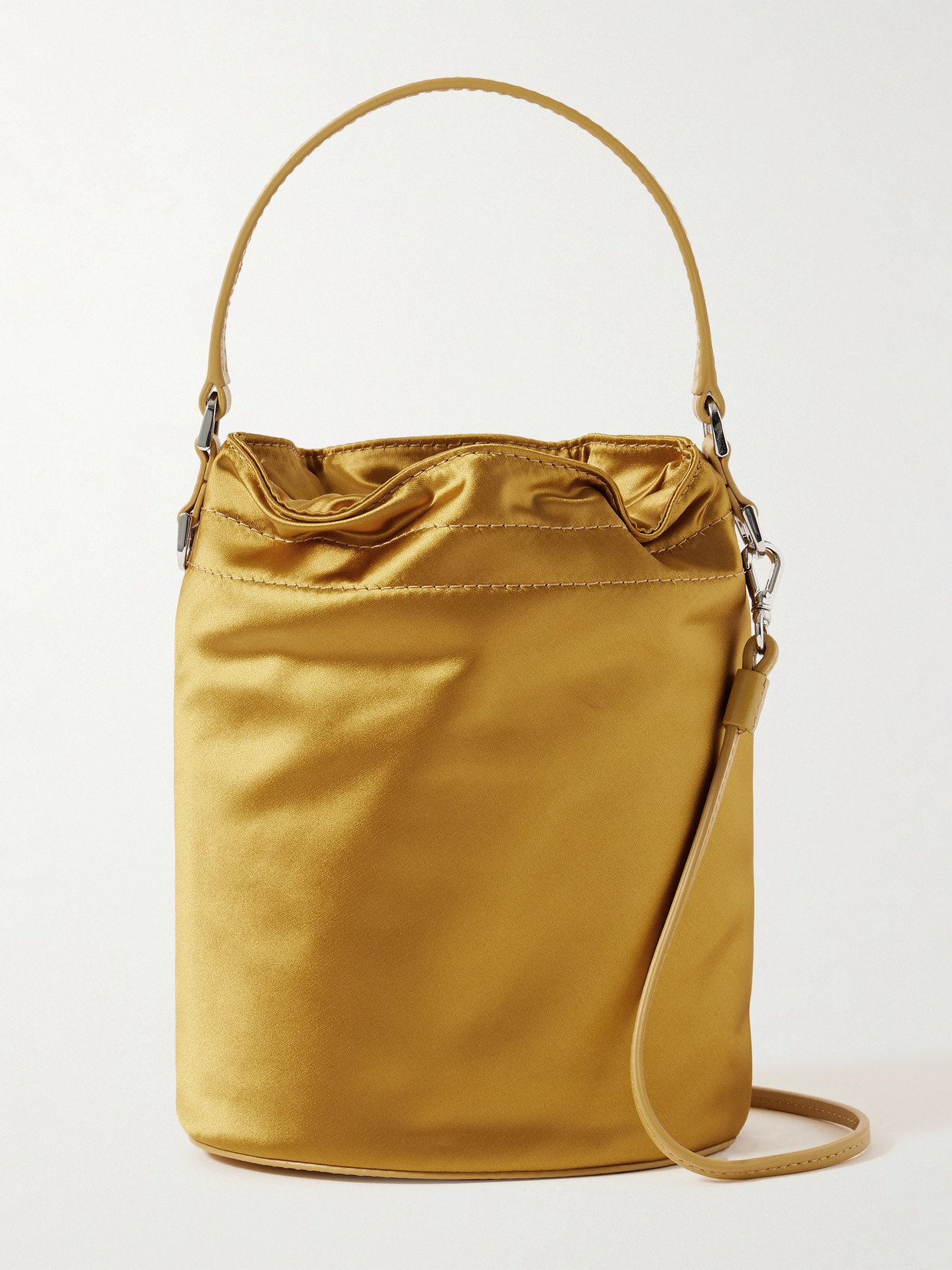 STAUD - Lila Mini Leather-trimmed Metallic Satin Bucket Bag - Gold | NET-A-PORTER (US)