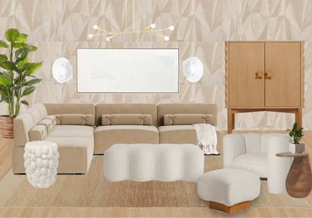 Living Room Design with velvet modular sectional, coffee table, bar cabinet, home decor, and area rug. 

#LTKhome #LTKstyletip #LTKFind
