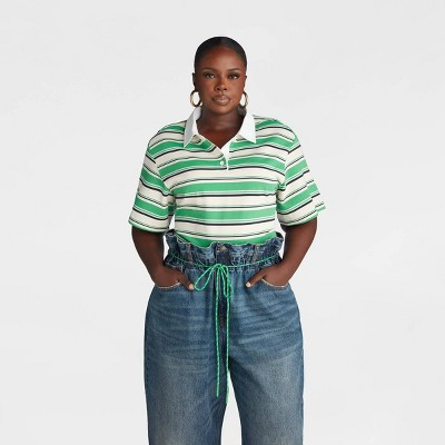 KBB by KAHLANA Women's Short Sleeve 'The Fitted Rugby Shirt' - Green Striped XXL | Target