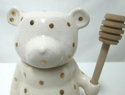 Anthropologie Honey Bear Polka Dot Cream & Gold Ceramic Pot Jar Dish Container | eBay US