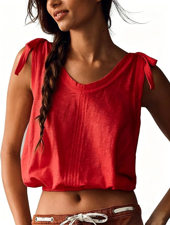 Summer Tank Top Business Casual V Neck Blouse Sleeveless Tie Shoulder Going Out Tops Bubble Tee | Amazon (US)