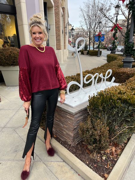 Sale alert… Spanx faux leather  front slit pants 70% off🚨 now $33 

Hurry and grab a pair fits tts
I wear them on repeat… dress up or wear casually ♥️

Here’s a Valentine’s Day look or perfect for a date.

(Top is Brindle Boutique’s) use code DARCY30 for 30% off  

Lisi Lerch gold beaded bracelet stocked
Gold bead hoops and necklace 

Pom Pom heels old linked similar 
Lv clutch 

#LTKfindsunder50 #LTKsalealert #LTKGiftGuide