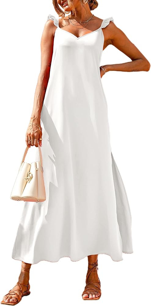 PRETTYGARDEN Women's V Neck Side Slit Spaghetti Strap Maxi Dress Loose Fit Flowy Long Cocktail Dress | Amazon (US)