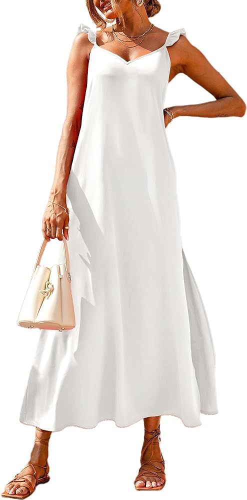 PRETTYGARDEN Women's V Neck Side Slit Spaghetti Strap Maxi Dress Loose Fit Flowy Long Cocktail Dress | Amazon (US)