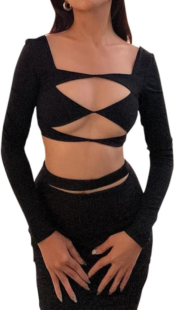 Women Square Neck Long Sleeve Crop Tops Y2k Bustier Cropped Shirt Blouse Slim Fitting Ribbed Knit... | Amazon (US)