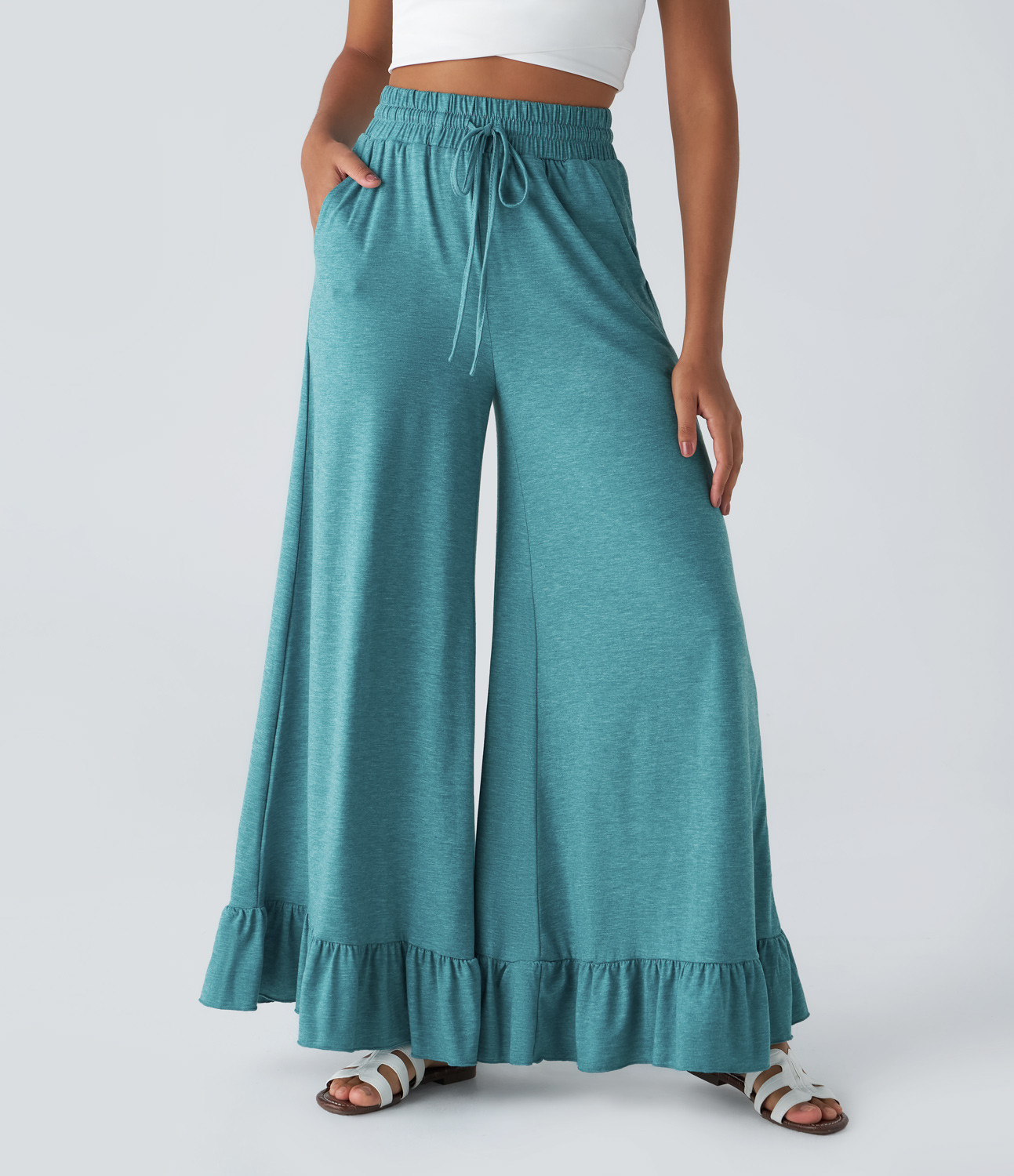 Women’s High Waisted Drawstring Side Pocket Ruffle Wide Leg Casual Pants - Halara | HALARA