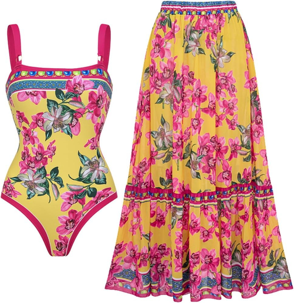FLAXMAKER Women's Swimsuit Orchid Print One Piece Vintage Retro Swimsuit with Skirt/Sarong | Amazon (US)