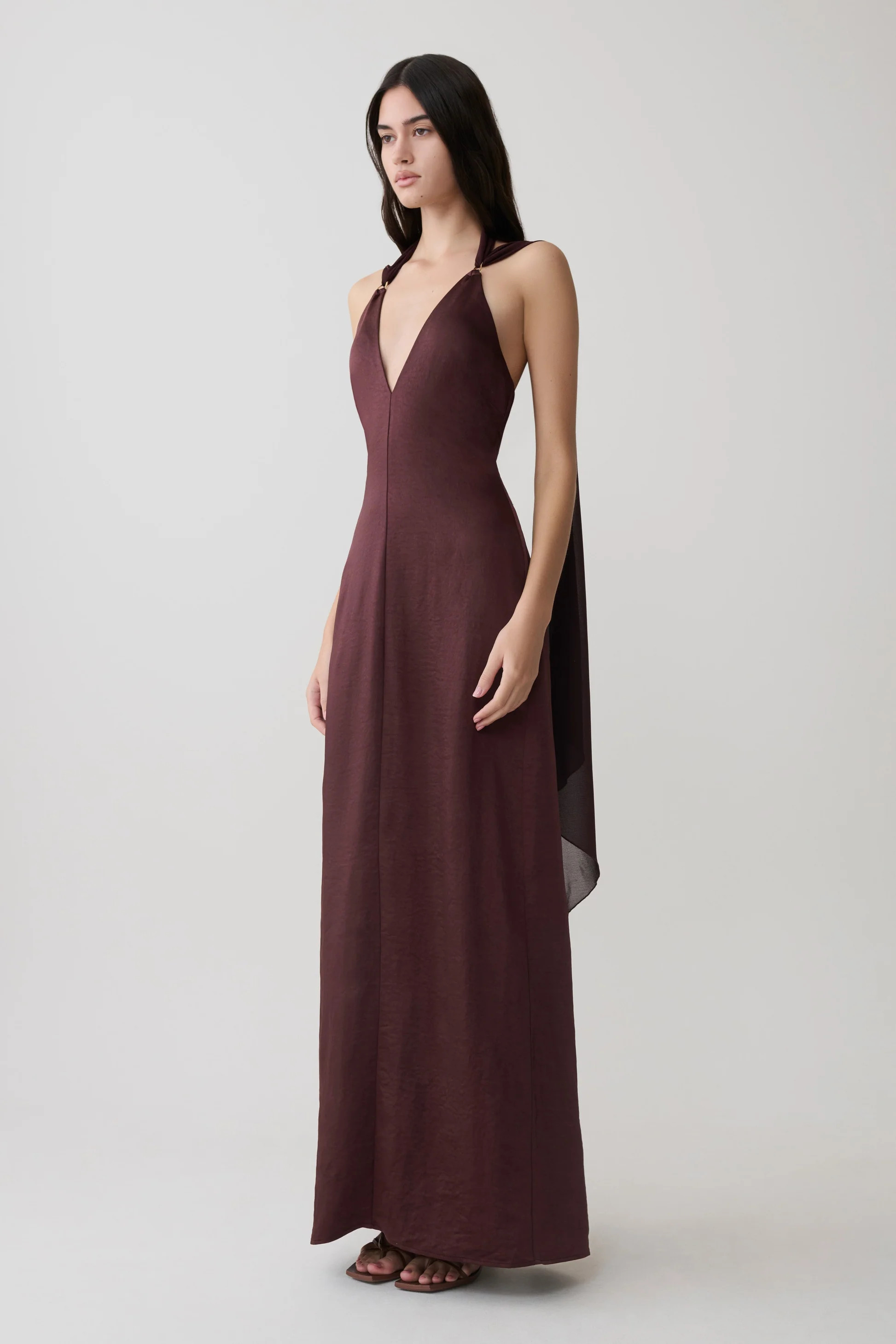 Myla Draped Shoulders Satin Maxi Dress - Chocolate | MESHKI US