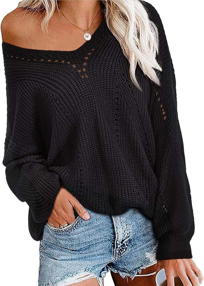 Newshows Women Off Shoulder Long Sleeve V Neck Pullover Sweater Loose Ribbed Knit Solid Sweater Tops | Amazon (US)