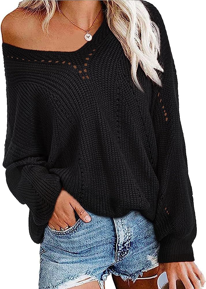 Newshows Women Off Shoulder Long Sleeve V Neck Pullover Sweater Loose Ribbed Knit Solid Sweater Tops | Amazon (US)