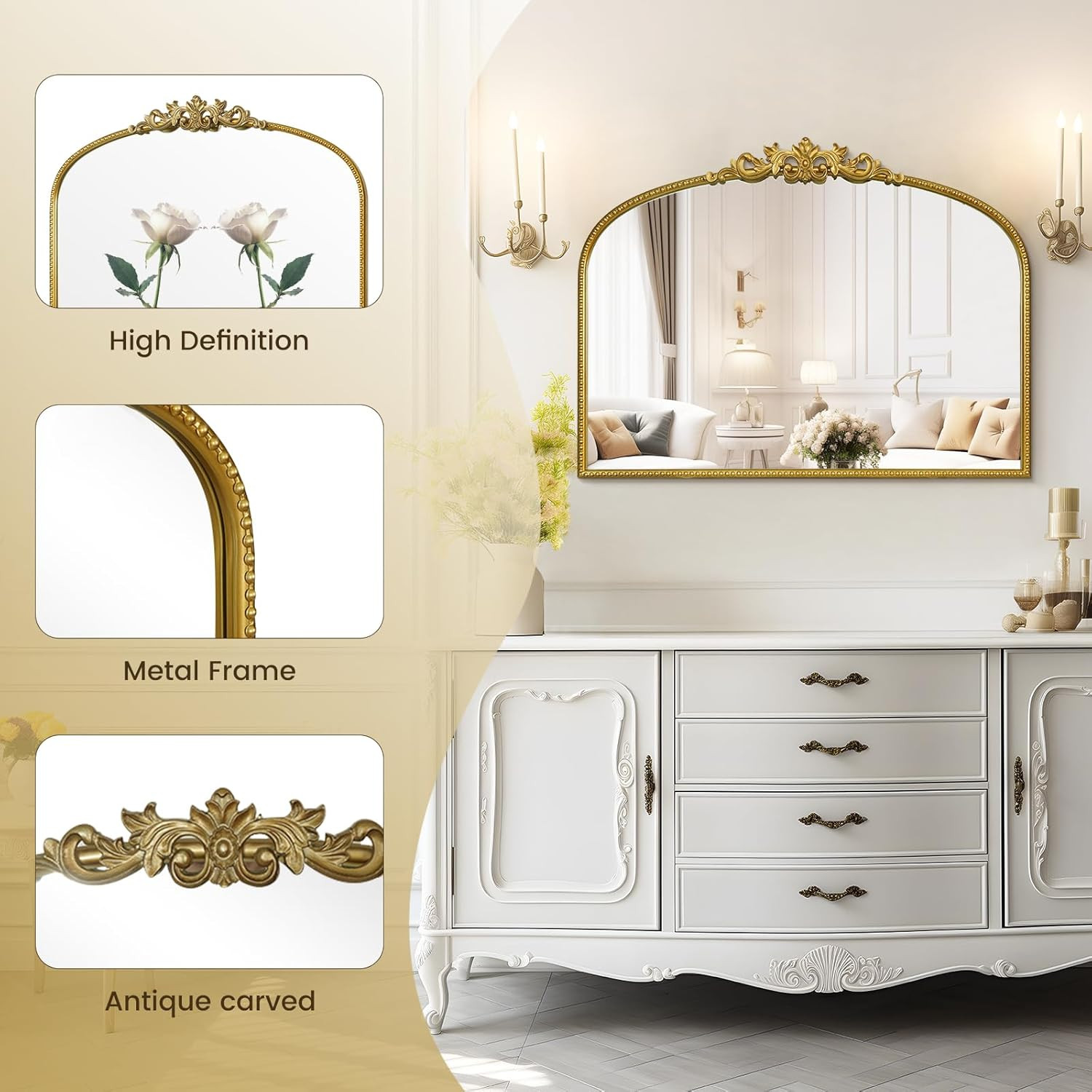 WallBeyond Gold Vintage Mirror for Vanity 32x24 Inch, Gold Antique Mirror with Ornate Frame, Arch... | Amazon (US)