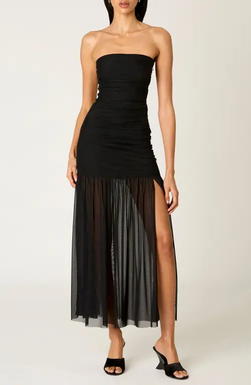 Nia Nola Shirred Strapless Mesh Maxi Dress in Black at Nordstrom, Size X-Large | Nordstrom