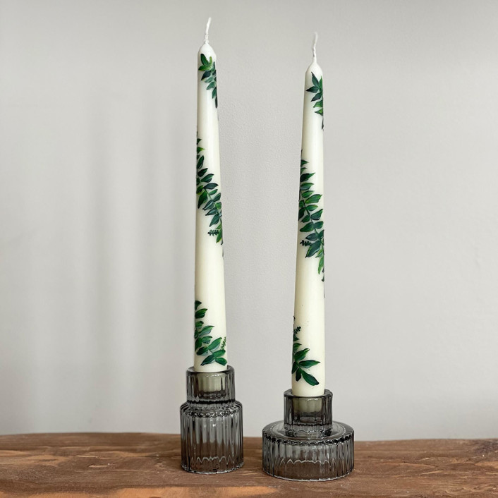 Ivory With Greenery Hand-Painted Taper Candles, Set Of 2 Candles | Minted