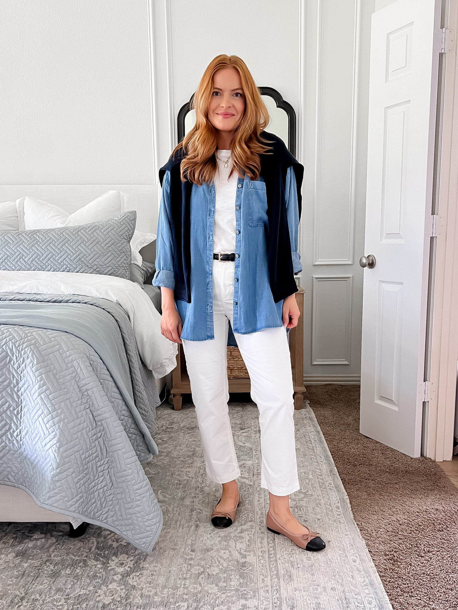 Loft 40% off sale happening now! these white pants are perfect for the office but can also be dressed down with a simple tshirt and button down!

Sizing:
Pants- 4
Tshirt- small
Denim button down- medium (wanted oversized)
Sweater- small

#LTKstyletip #LTKfindsunder100 #LTKsalealert