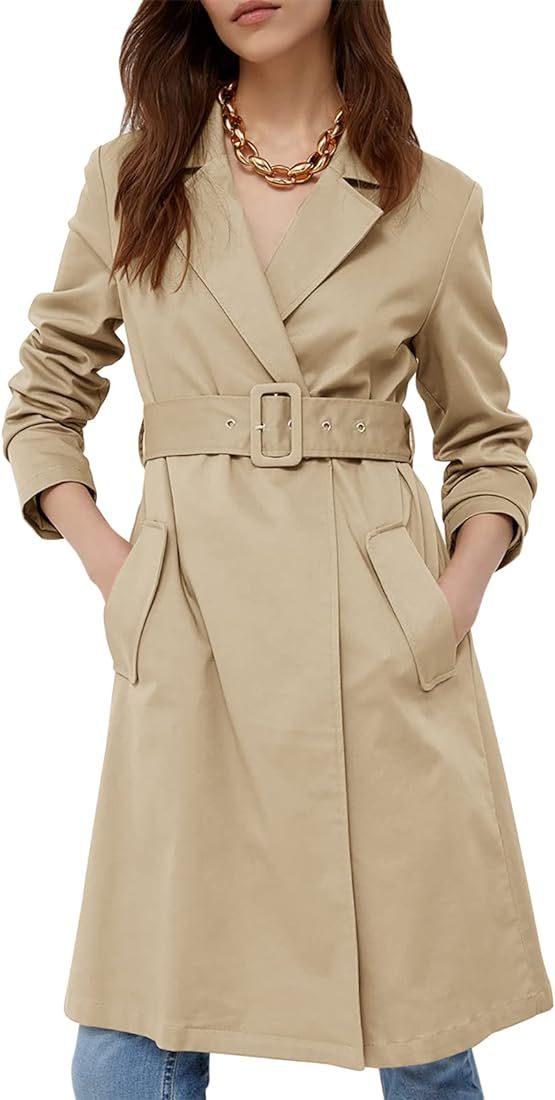 ERMONN Womens Double Breasted Long Trench Coat Windproof Classic Lapel Slim Pleated Overcoat Loose F | Amazon (US)