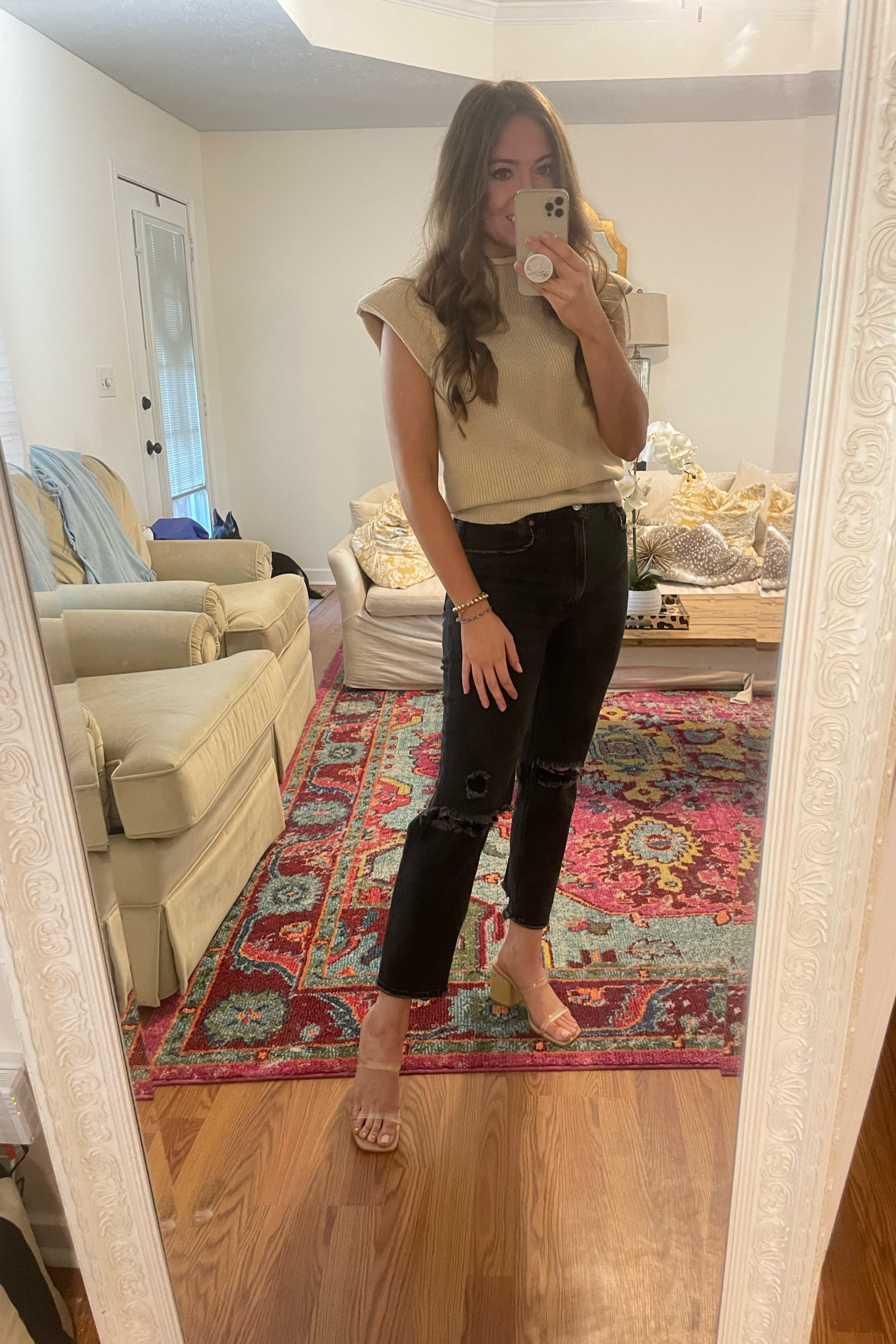Amazon shoulder pad short sleeve sweater. Abercrombie jeans. Target heels. The jeans are now on clearance so not many sizes available, but i love Abercrombie jeans. Linking similar target sandals, mine are sold out from last year 

#LTKunder50