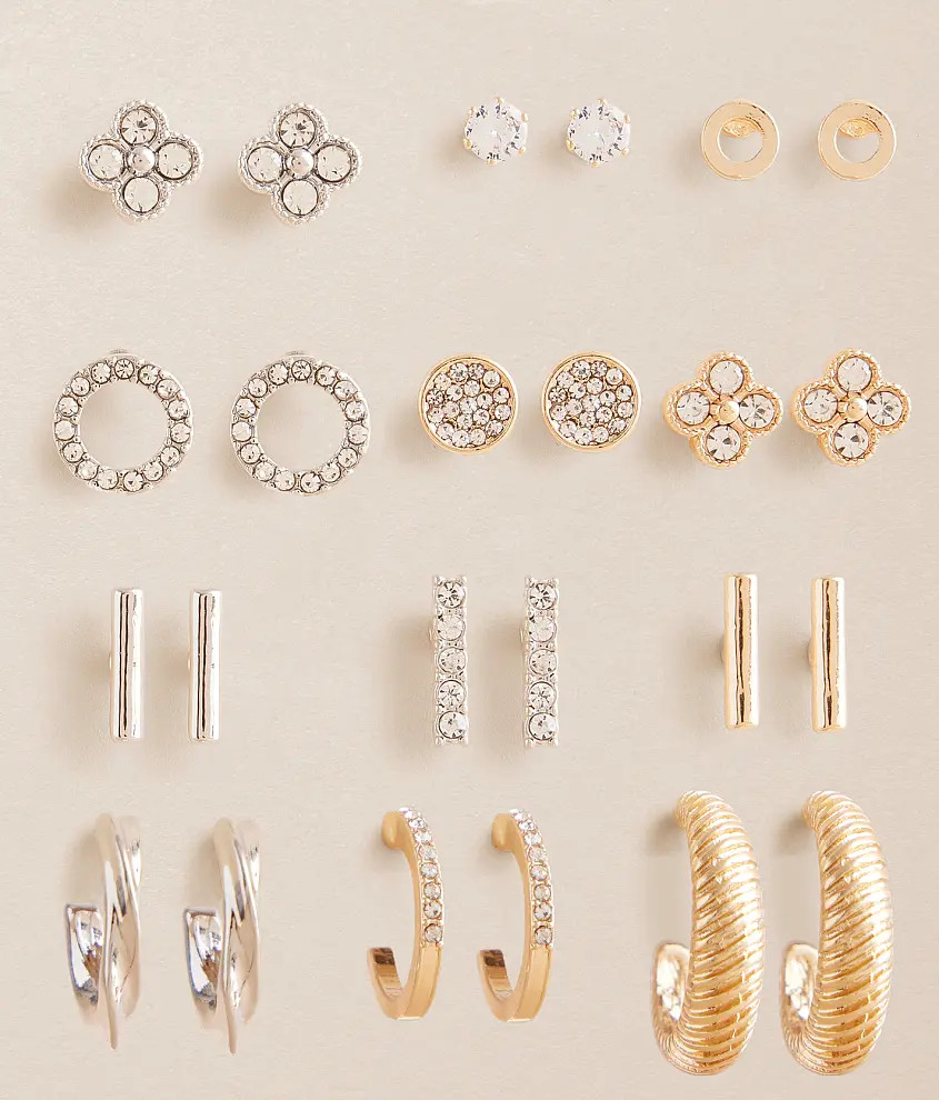 12 Pack Mixed Metal Earring Set | Buckle