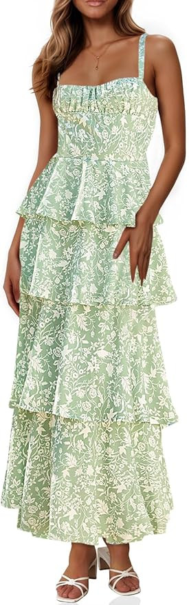 Fisoew Womens Floral Maxi Dresses Spaghetti Strap Casual Sleeveless Ruffle Flowy Tiered Dress | Amazon (US)
