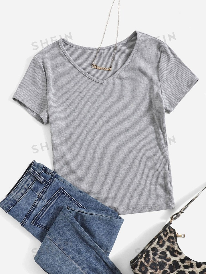 SHEIN EZwear V Neck Rib Knit Solid Tee | SHEIN