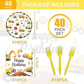 48PCS Construction Party Supplies,Disposable Tableware Include Plates Napkins Forks For 16 Guests... | Amazon (US)