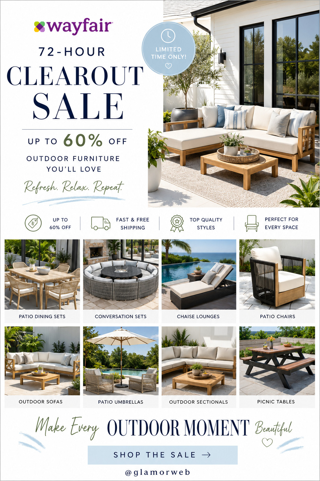 Tell me why I suddenly want to spend all my time outside 😭✨ Wayfair’s 72 HOURS CLEAROUT SALE has me obsessed — up to 60% off on the prettiest outdoor furniture ever!! The patio dining sets are perfect for hosting, and the outdoor conversation sets are so cozy and inviting 🤍 I’m in love with the chaise lounges for relaxing and the outdoor sofas that look straight out of a magazine. Add a cute patio umbrella and you’re DONE!!

#WayfairHome #OutdoorInspo #PatioGoals #BackyardStyle #LTKFinds #SummerVibesOnly #GardenLiving #OutdoorSeating #NeutralHomeStyle #ModernDecor #OutdoorUpgrade #SaleAlertFinds #HomeInspoDaily #CozyOutdoorLiving #ChicHome 

 #LTKSeasonal #LTKHome #LTKSaleAlert