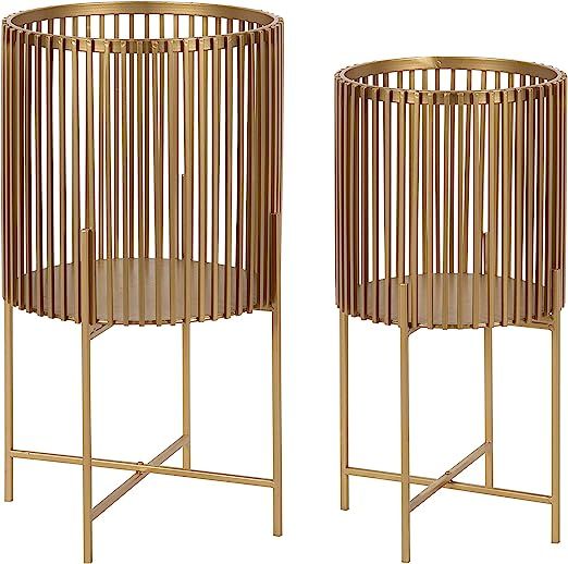 Kate and Laurel Paynter Modern 2-Piece Metal Floor Planter Set with Foldable Stand, Gold | Amazon (US)