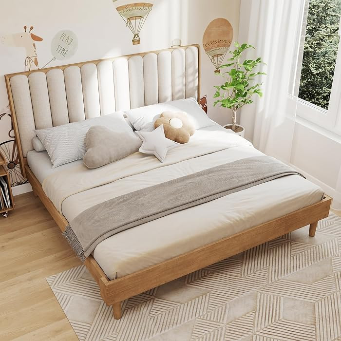 Wood King Bed Frame with Piano Key Style Upholstered Headboard, Sturdy Solid Wood Framework & Woo... | Amazon (US)