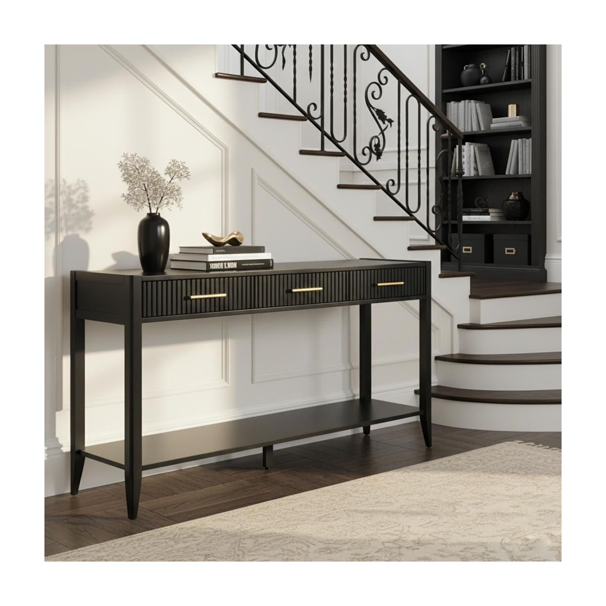Homy Casa Console Table, Black – 3-Drawer Fluted Wood Console Table with Gold Handles | Target