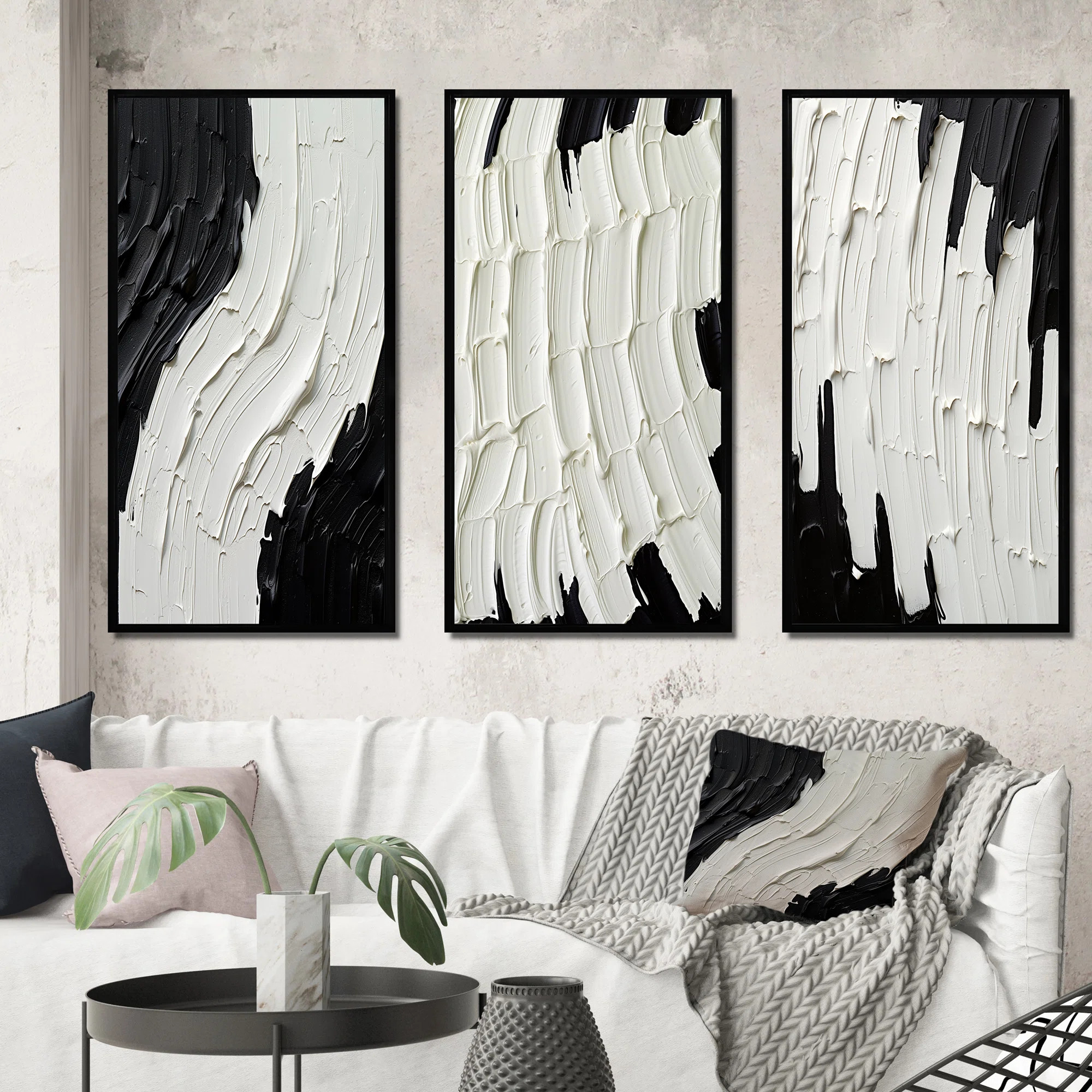 " Momentary Spirit Black And White Abstract " 3 Pieces on Canvas, modern wall art print set (Set ... | Wayfair North America