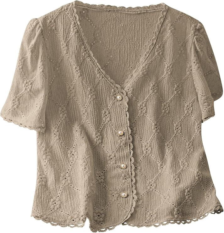 COZYEASE Women's Floral Embroidered Button Down Blouse Frill Trim Short Puff Sleeve V Neck Vacati... | Amazon (US)