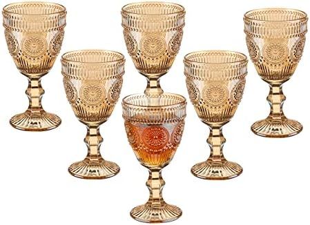 Vintage Wine Glasses Set of 6, 10 Ounces Colored Glass Water Goblets, Unique Embossed Pattern Hig... | Amazon (US)