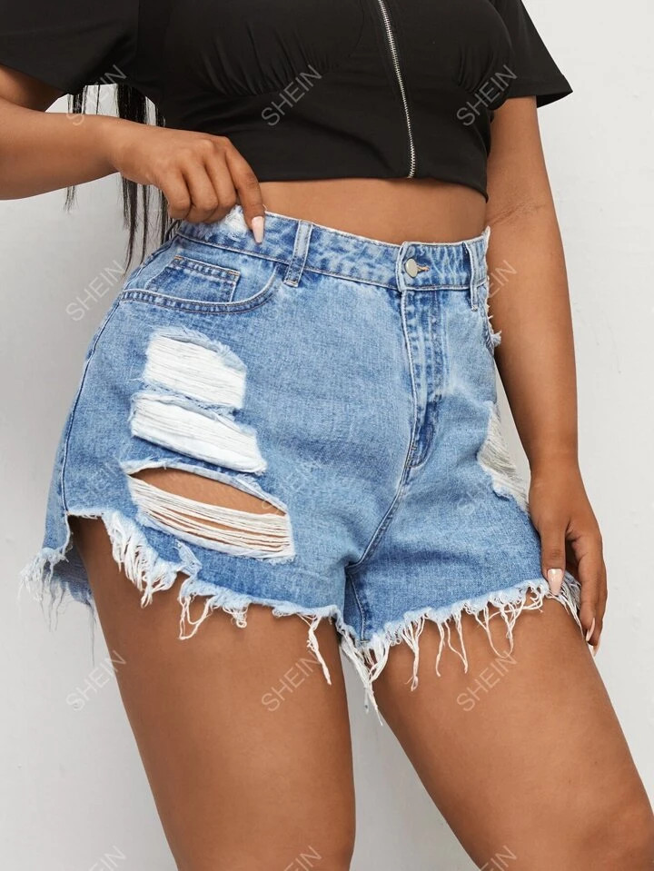 SHEIN Essnce Plus Ripped Raw Cut Denim Shorts | SHEIN