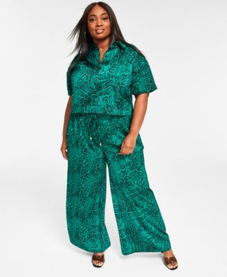 Nina Parker Trendy Plus Size Satin Button Front Shirt Wide Leg Pants | Macys (US)