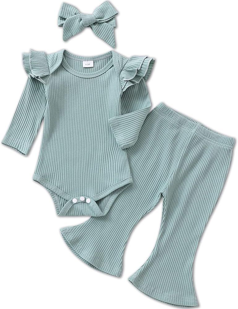 Newborn Baby Girl Clothes Infant Girl Layered Ruffle Romper Flare Leg Pants Set | Amazon (US)