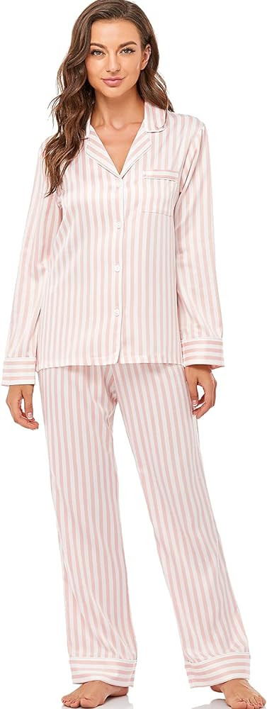 Women's Satin Pajama Set Long Sleeve Button Down Sleepwear 2-Piece Silky Pj Set | Amazon (US)