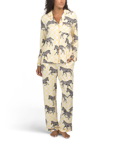 2pc Recycled Zebra Print Long Sleeve Top And Pants Pajama Set for Women | Polyester/Elastane | Marshalls