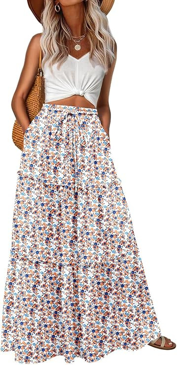 Lepunuo Womens Casual Boho High Waisted Flowy Maxi Skirts Trendy Floral Cute Long Skirts with Poc... | Amazon (US)