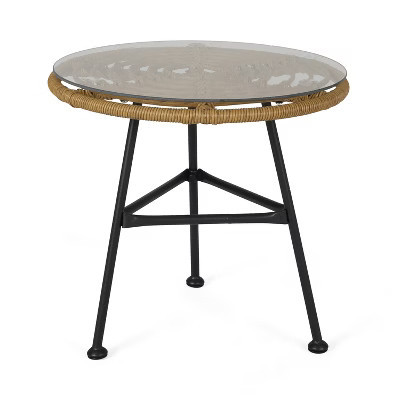 Outdoor Glass Top Faux Rattan Side Table, Round Patio Accent Table with Iron Frame for Balcony, Porch, Garden and Deck, Brown | Target
