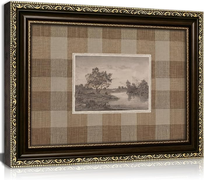Vintage Gold Framed Landscape Wall Art, Antique Neutral Plaid Canvas Print | Amazon (US)