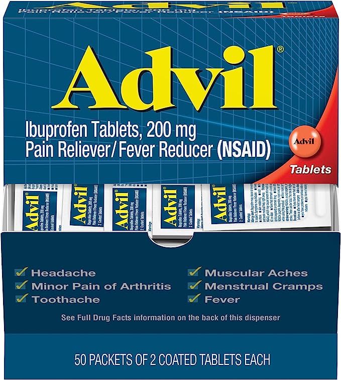 Advil Coated Tablets Pain Reliever and Fever Reducer, Ibuprofen 200mg, 100 Count (50 Packets of 2... | Amazon (US)